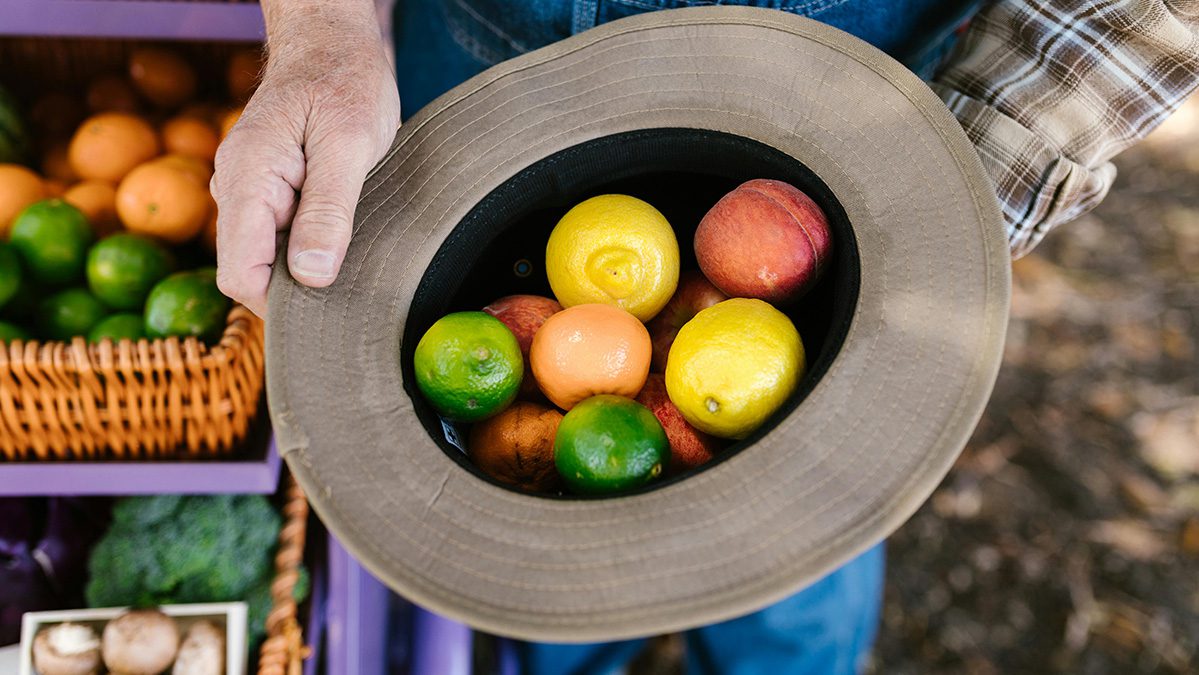 Economía Social y Solidaria: granjero con gorro lleno de frutas