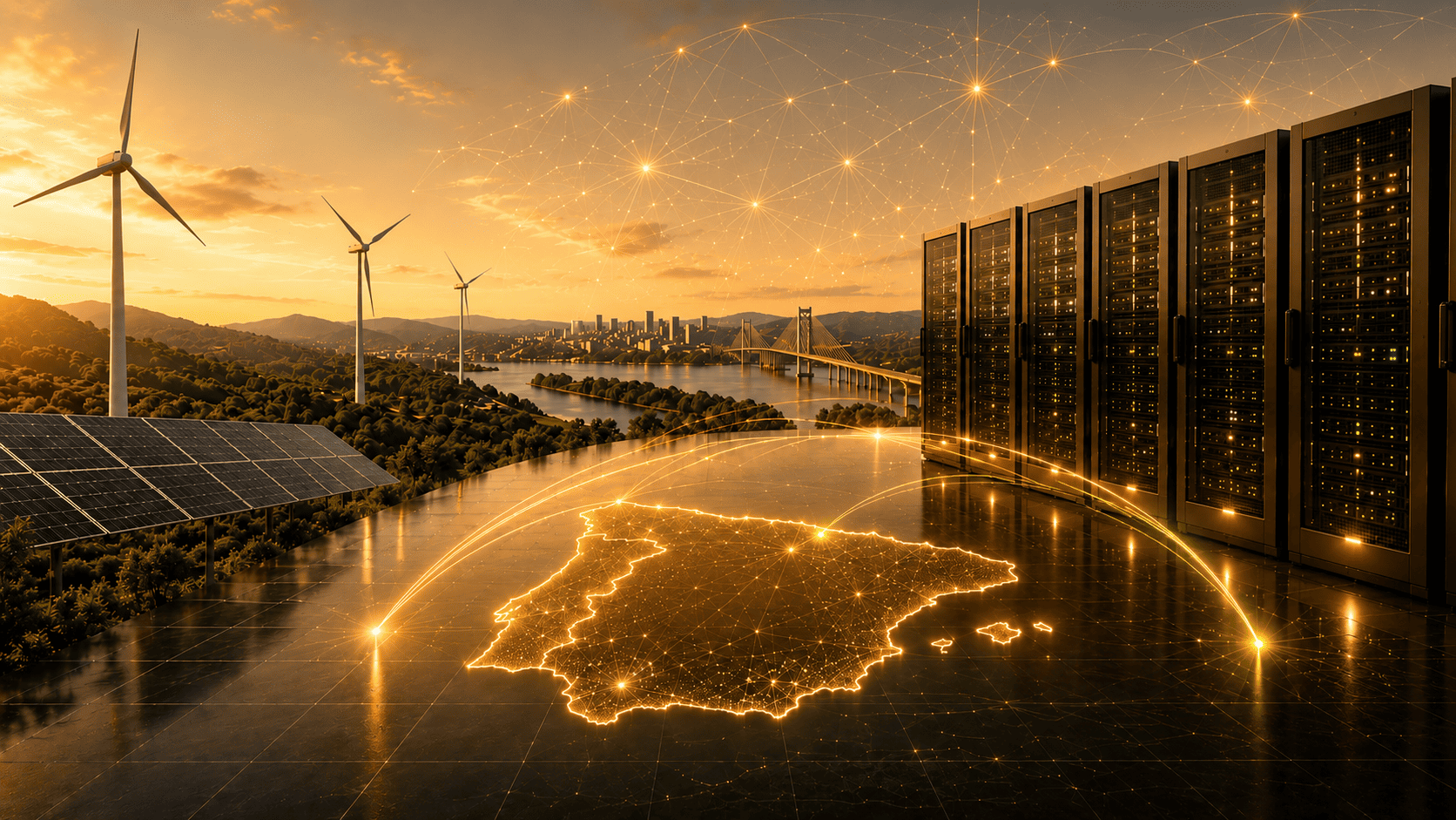 En el suelo, junto a los servidores, se ilumina un mapa de España, con aerogeneradores, paneles solares y un paisaje urbano al fondo, bajo un cielo al atardecer.