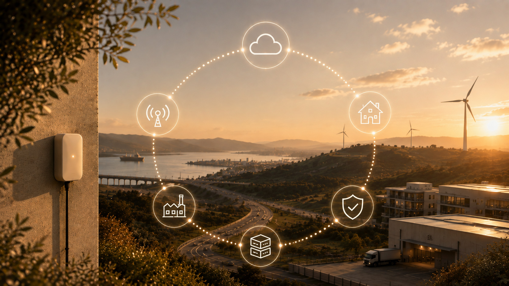 Aerogeneradores, edificios e iconos que representan la tecnología, la nube, el hogar y la seguridad, en un diseño circular.