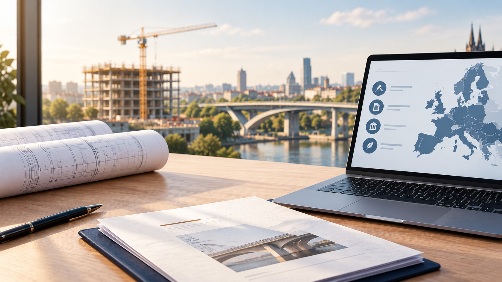 Reforma de la contratación pública en Europa Un escritorio con planos arquitectónicos, un bolígrafo y un ordenador portátil en el que se ve un mapa de Europa y unos iconos, con una obra en construcción y el perfil urbano de una ciudad al fondo.
