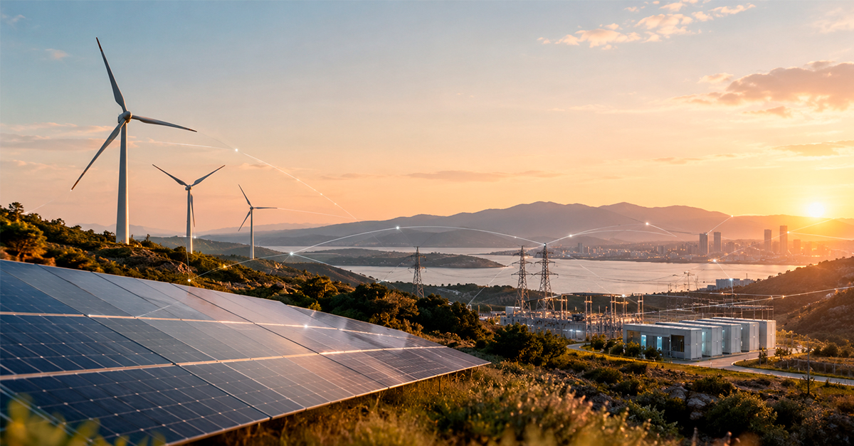 cleantech-y-seguridad-energetica-en-la-era-de-la-electricidad_aserta-blog Paneles solares y aerogeneradores en la ladera de una colina con vistas a una ciudad costera al atardecer, con una superposición de nodos de red digital.